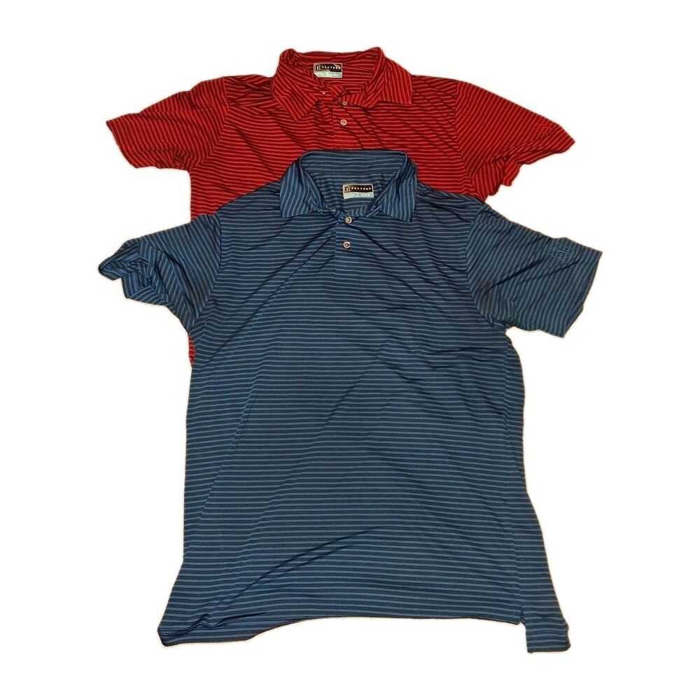 PGA Tour GolfPolo Shirt Lot 2 Mens M Red Black Striped Performance Short Sleeve